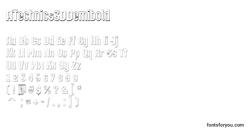 A fonte ATechnics3DDemibold – alfabeto, números, caracteres especiais