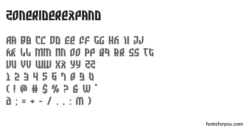 Шрифт Zoneriderexpand – алфавит, цифры, специальные символы