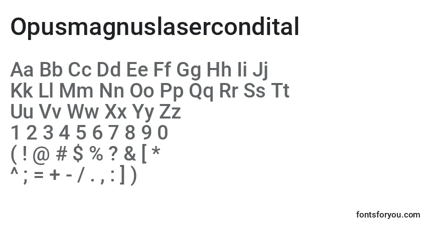 A fonte Opusmagnuslasercondital – alfabeto, números, caracteres especiais