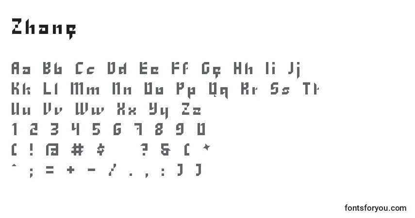 Schriftart Zhang – Alphabet, Zahlen, spezielle Symbole