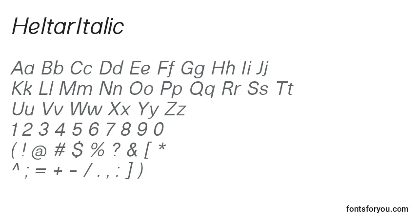 A fonte HeltarItalic – alfabeto, números, caracteres especiais