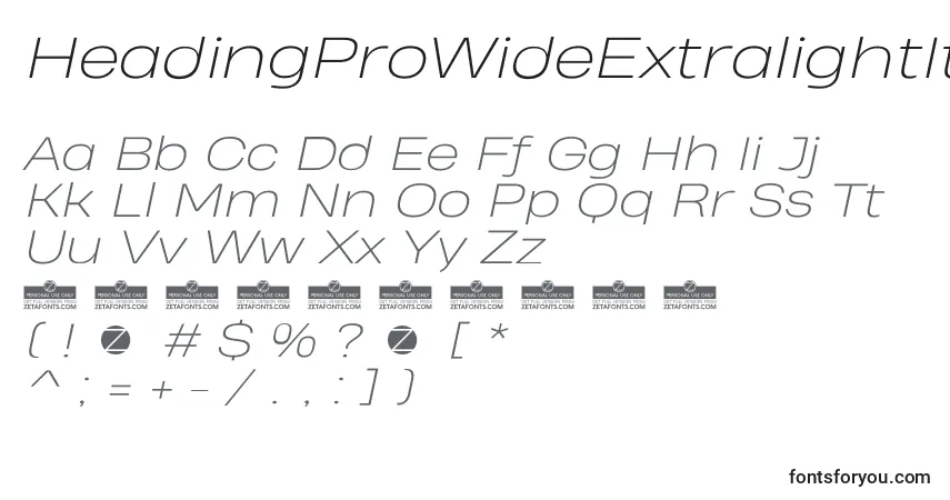 Schriftart HeadingProWideExtralightItalicTrial – Alphabet, Zahlen, spezielle Symbole