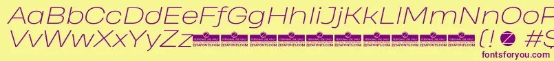 HeadingProWideExtralightItalicTrial Font – Purple Fonts on Yellow Background