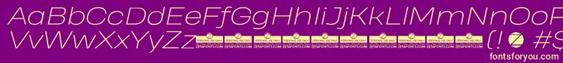 HeadingProWideExtralightItalicTrial-fontti – keltaiset fontit violetilla taustalla