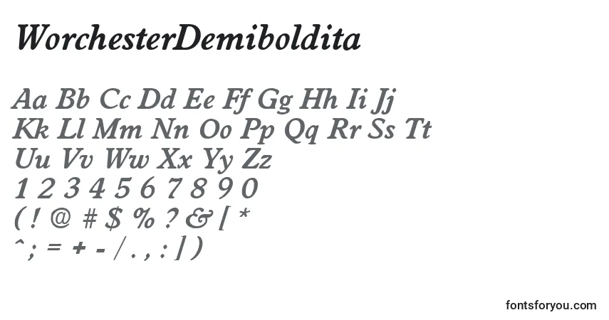 Шрифт WorchesterDemiboldita – алфавит, цифры, специальные символы
