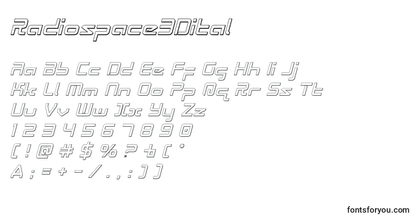 Czcionka Radiospace3Dital – alfabet, cyfry, specjalne znaki