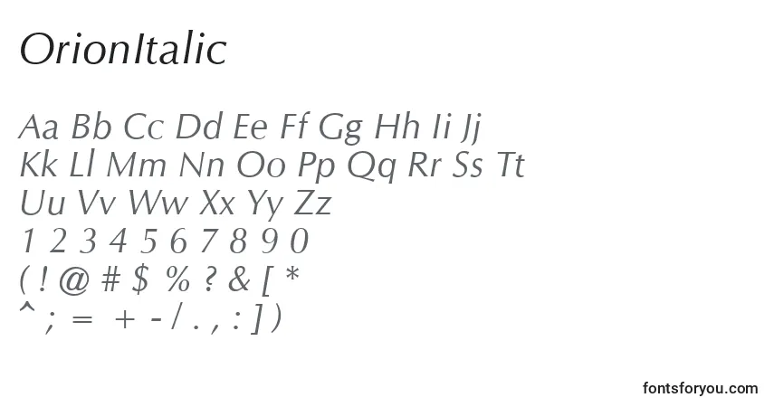 Czcionka OrionItalic – alfabet, cyfry, specjalne znaki