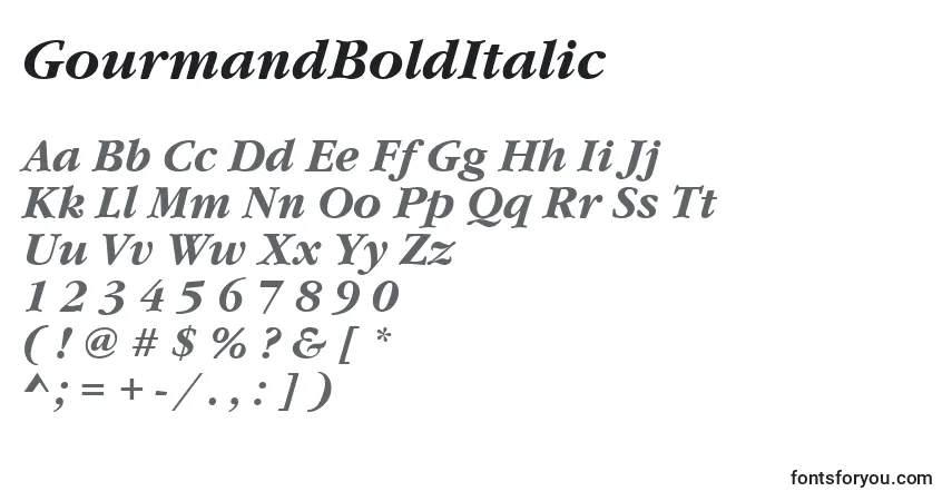Czcionka GourmandBoldItalic – alfabet, cyfry, specjalne znaki