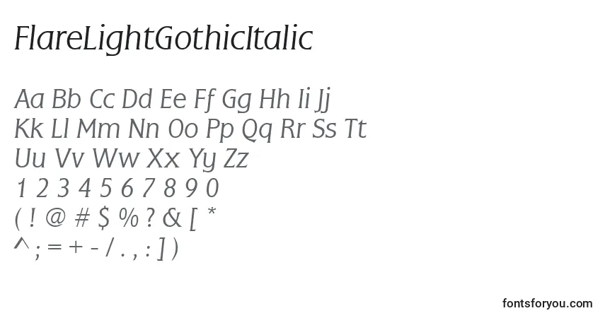 Czcionka FlareLightGothicItalic – alfabet, cyfry, specjalne znaki