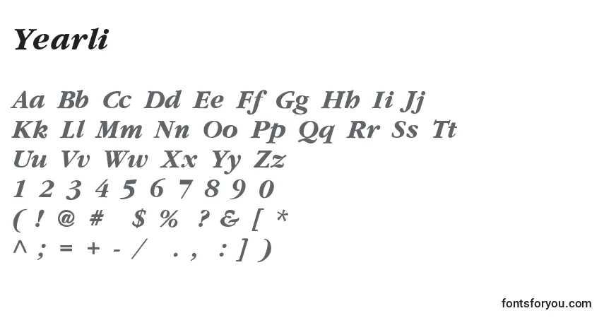 Schriftart YearlindThinItalic – Alphabet, Zahlen, spezielle Symbole