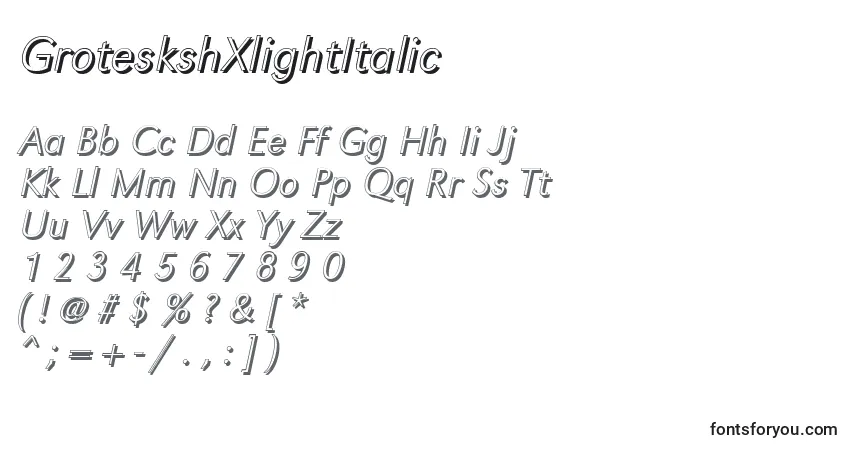 A fonte GroteskshXlightItalic – alfabeto, números, caracteres especiais
