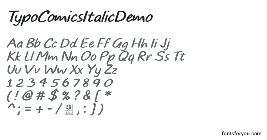 Шрифт TypoComicsItalicDemo – алфавит, цифры, специальные символы