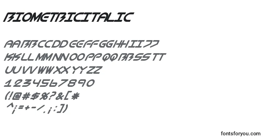Шрифт BiometricItalic – алфавит, цифры, специальные символы