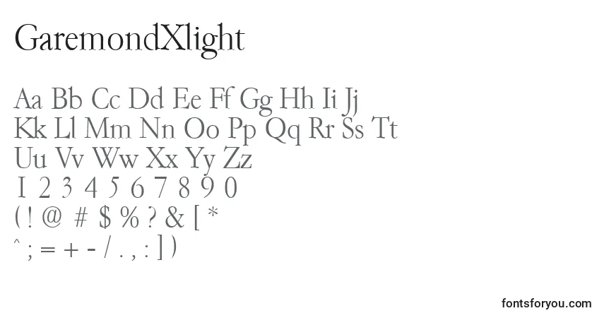 A fonte GaremondXlight – alfabeto, números, caracteres especiais