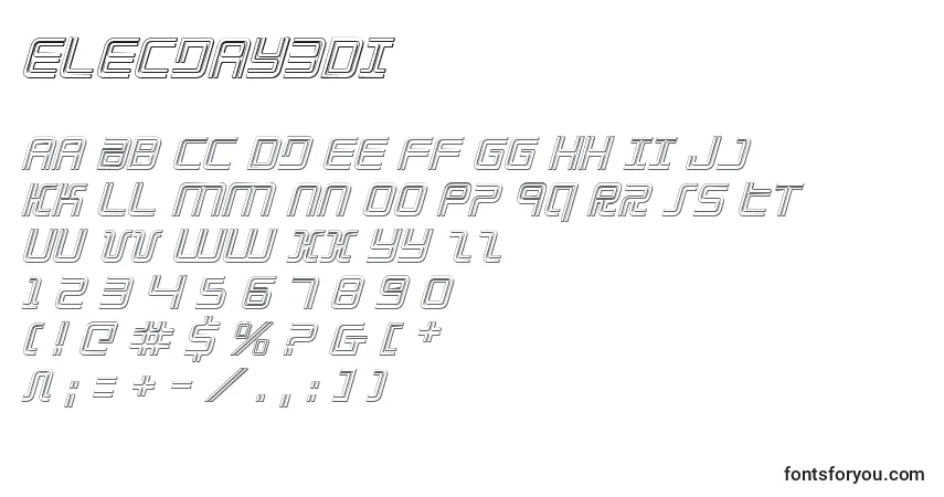 Czcionka Elecday3Di – alfabet, cyfry, specjalne znaki