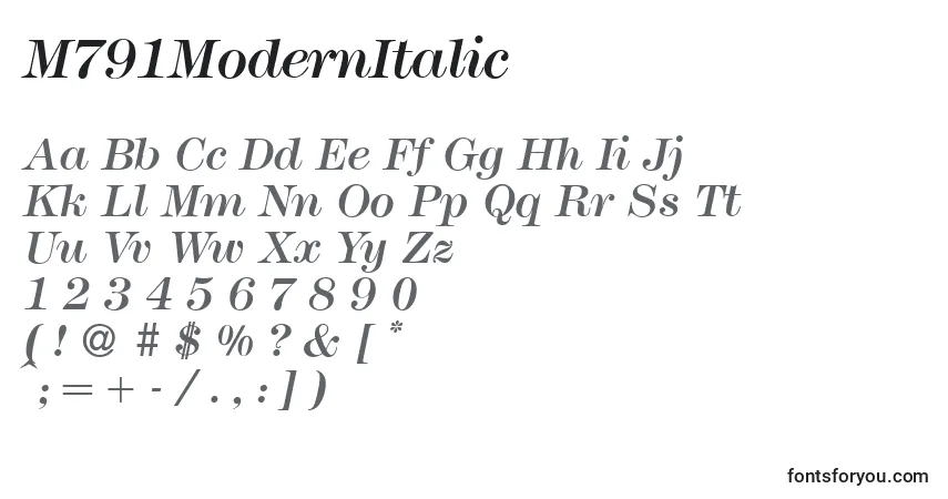 Czcionka M791ModernItalic – alfabet, cyfry, specjalne znaki