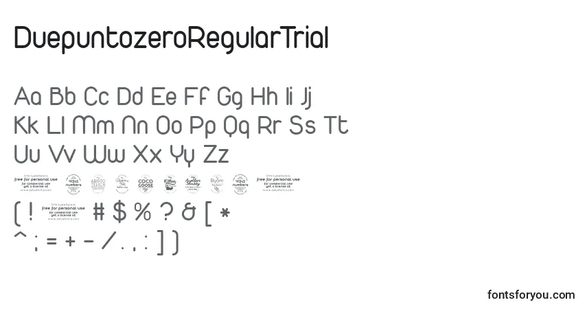 A fonte DuepuntozeroRegularTrial – alfabeto, números, caracteres especiais