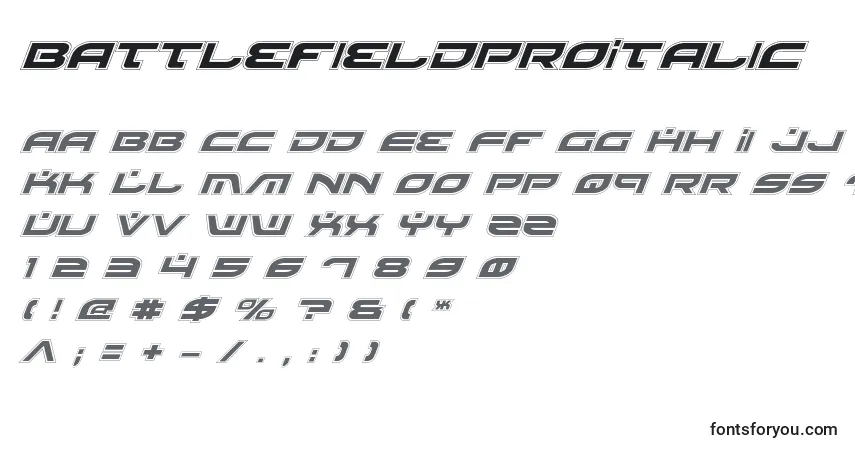 Fuente BattlefieldProItalic - alfabeto, números, caracteres especiales