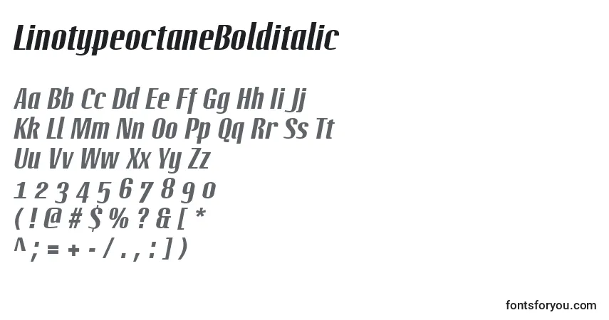 A fonte LinotypeoctaneBolditalic – alfabeto, números, caracteres especiais