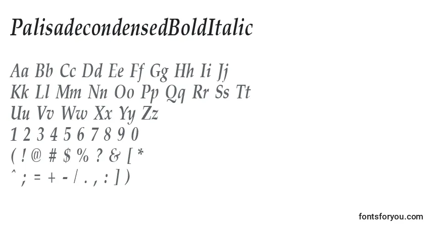 Шрифт PalisadecondensedBoldItalic – алфавит, цифры, специальные символы