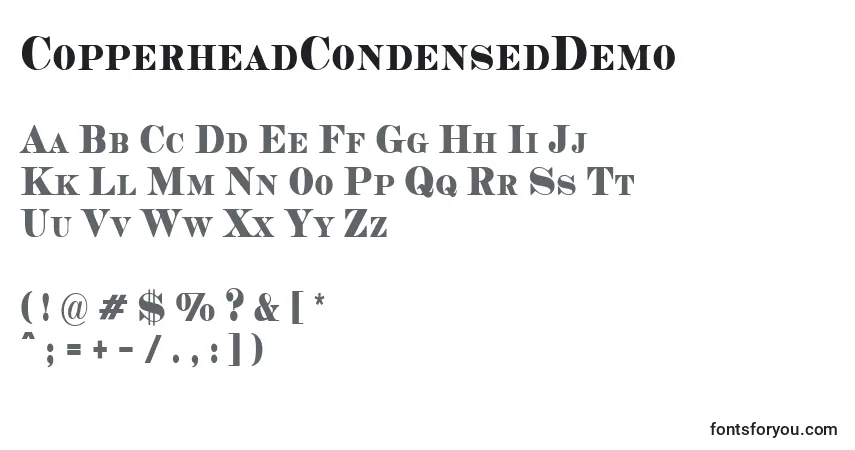 A fonte CopperheadCondensedDemo – alfabeto, números, caracteres especiais