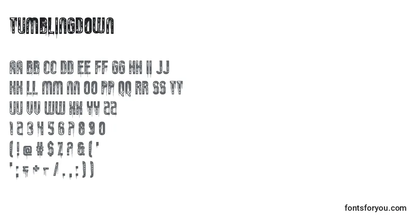 Czcionka TumblingDown – alfabet, cyfry, specjalne znaki
