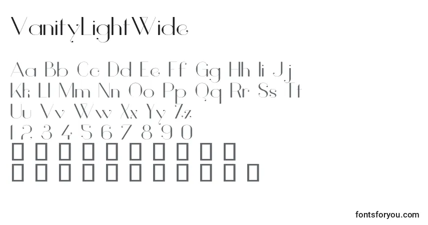 Czcionka VanityLightWide – alfabet, cyfry, specjalne znaki