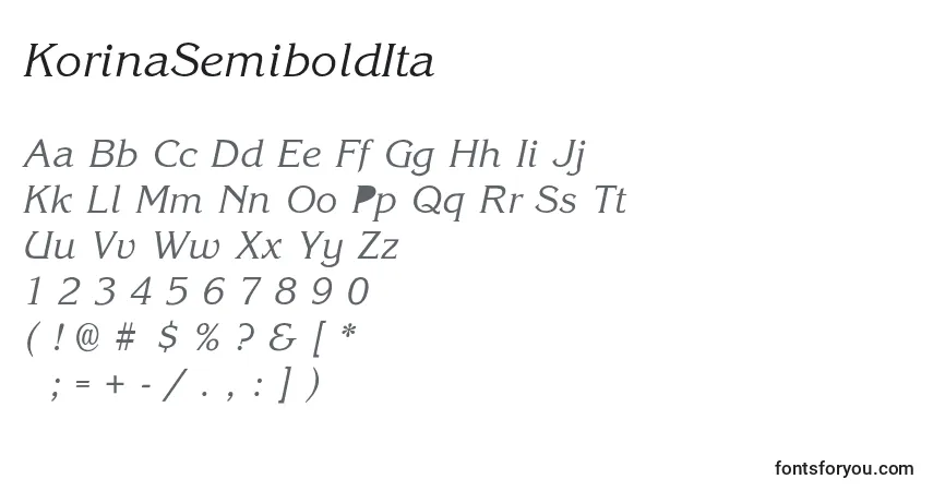 Шрифт KorinaSemiboldIta – алфавит, цифры, специальные символы