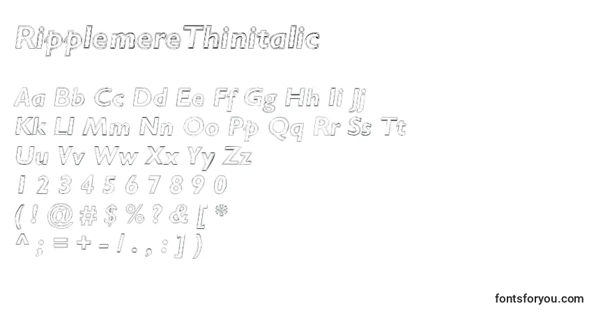 Шрифт RipplemereThinitalic – алфавит, цифры, специальные символы