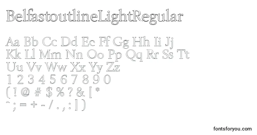 A fonte BelfastoutlineLightRegular – alfabeto, números, caracteres especiais
