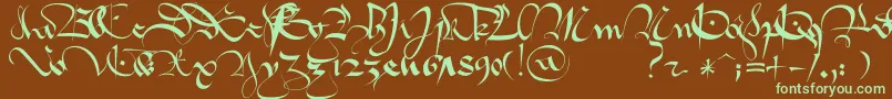 フォント1413GothiqueCursive – 緑色の文字が茶色の背景にあります。