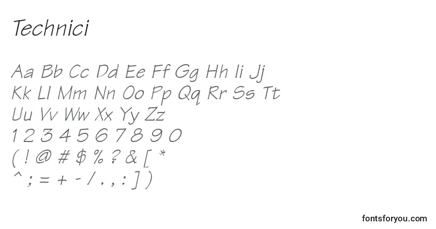 Schriftart Technici – Alphabet, Zahlen, spezielle Symbole