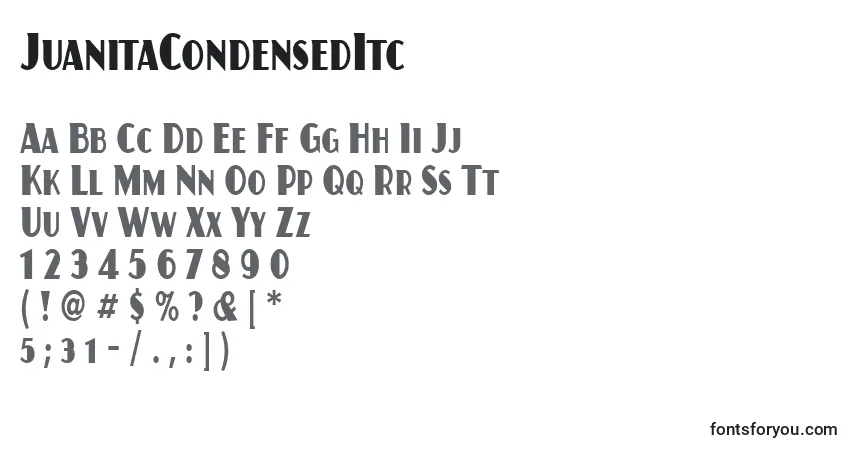 A fonte JuanitaCondensedItc – alfabeto, números, caracteres especiais