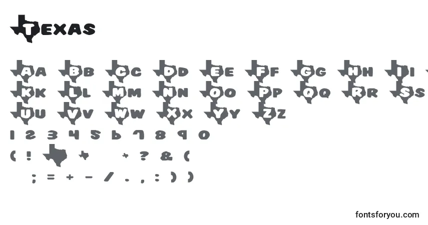 Czcionka Texas – alfabet, cyfry, specjalne znaki