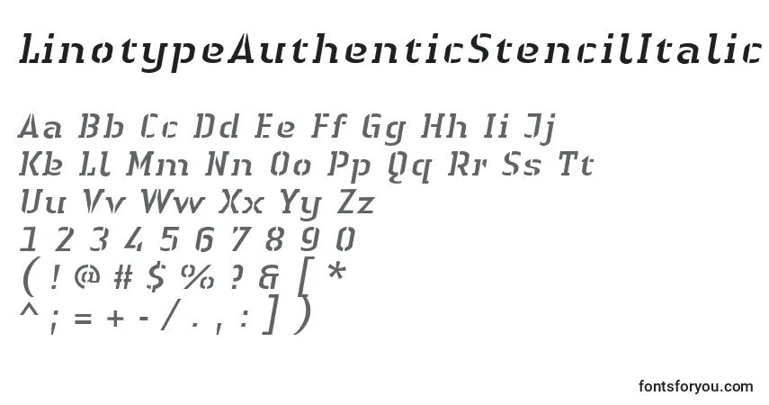 Schriftart LinotypeAuthenticStencilItalic – Alphabet, Zahlen, spezielle Symbole