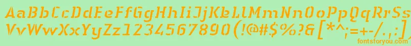 LinotypeAuthenticStencilItalic-Schriftart – Orangefarbene Schriften auf grünem Hintergrund