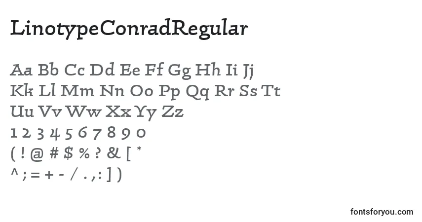 Schriftart LinotypeConradRegular – Alphabet, Zahlen, spezielle Symbole