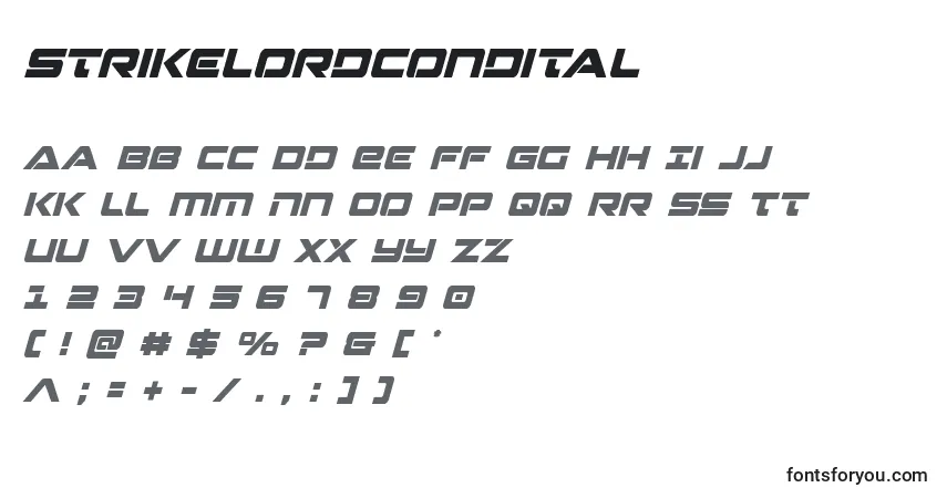 Czcionka Strikelordcondital – alfabet, cyfry, specjalne znaki