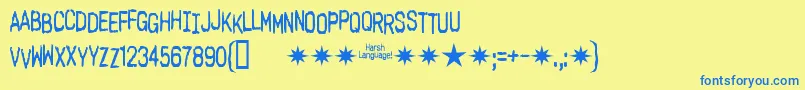 フォントHarsh Language Ac – 青い文字が黄色の背景にあります。