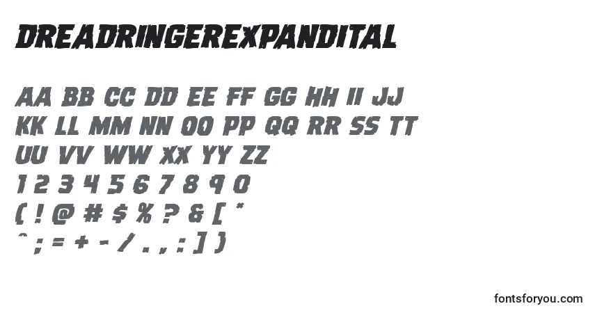 Шрифт Dreadringerexpandital – алфавит, цифры, специальные символы