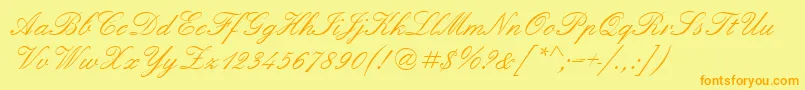 フォントQuadrillescriptssk – オレンジの文字が黄色の背景にあります。
