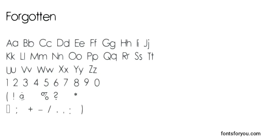 Czcionka Forgotten – alfabet, cyfry, specjalne znaki