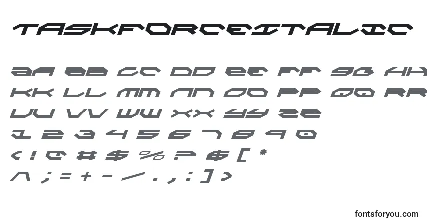 A fonte TaskforceItalic – alfabeto, números, caracteres especiais
