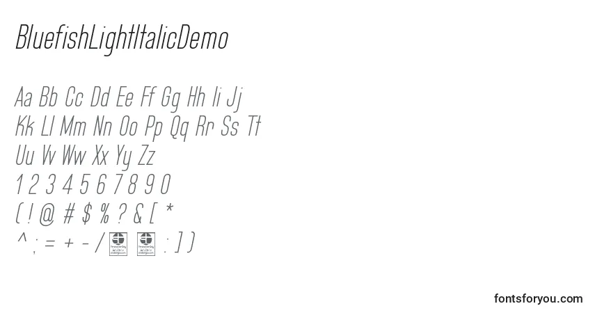 Шрифт BluefishLightItalicDemo – алфавит, цифры, специальные символы