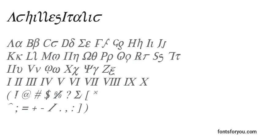 Schriftart AchillesItalic – Alphabet, Zahlen, spezielle Symbole