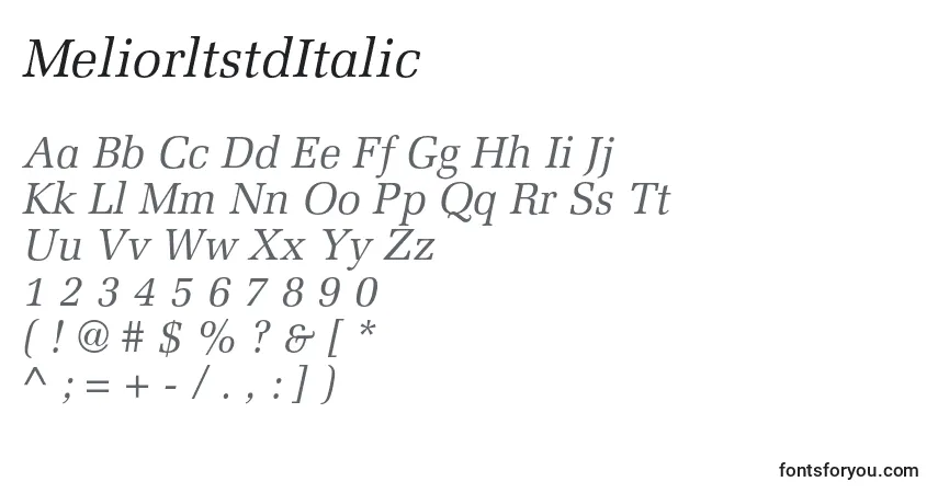 Fuente MeliorltstdItalic - alfabeto, números, caracteres especiales