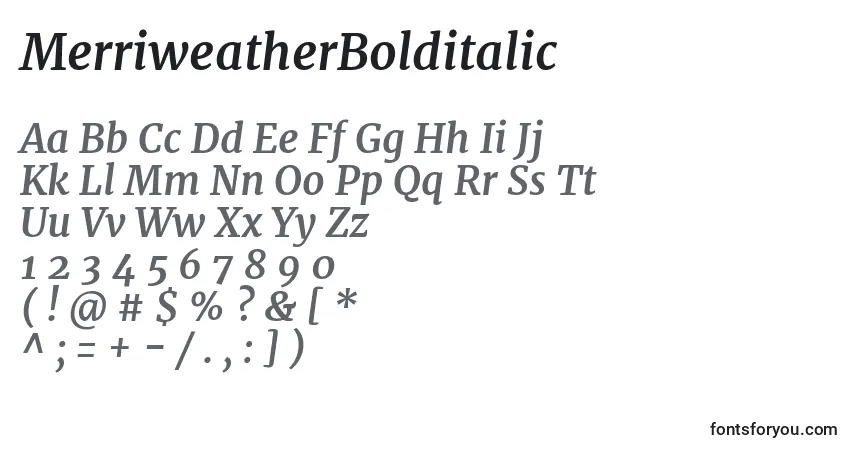 A fonte MerriweatherBolditalic – alfabeto, números, caracteres especiais