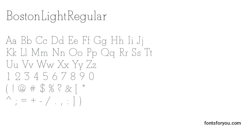 Schriftart BostonLightRegular – Alphabet, Zahlen, spezielle Symbole
