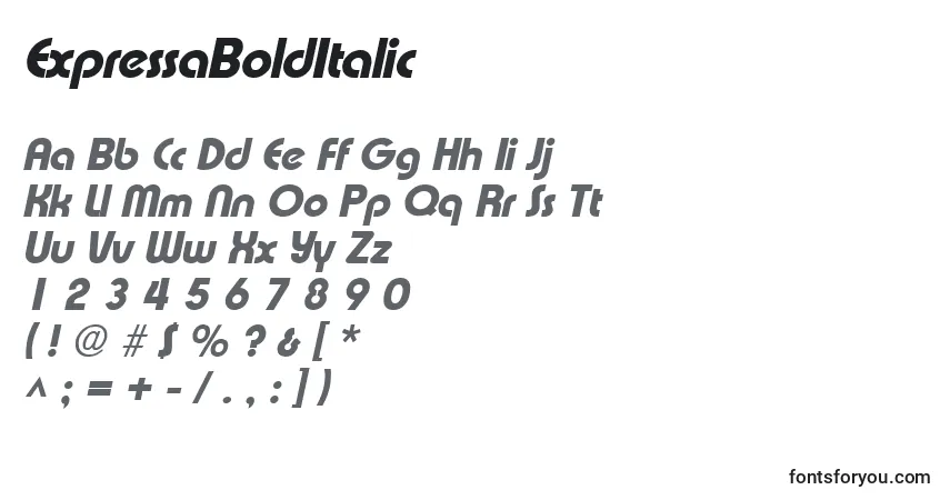 Czcionka ExpressaBoldItalic – alfabet, cyfry, specjalne znaki