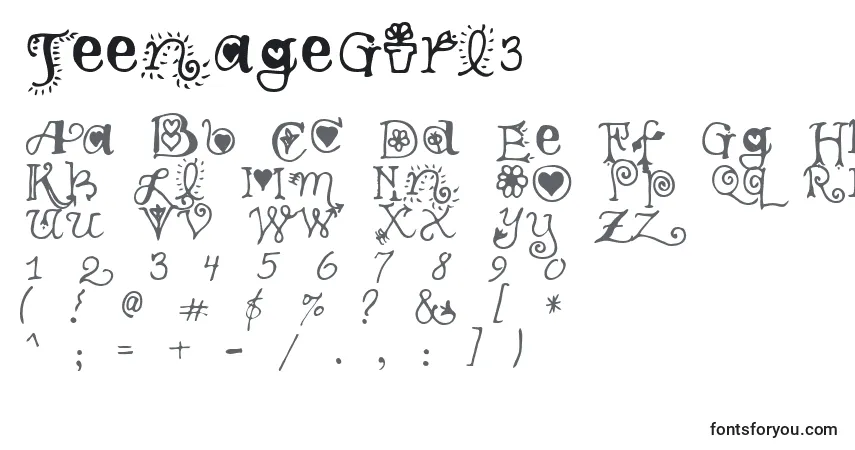 Czcionka TeenageGirl3 – alfabet, cyfry, specjalne znaki